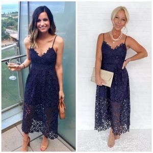 NEW Astr the Label Lace A-Line Midi Dress in Navy Blue Size Large BLOGGER FAV